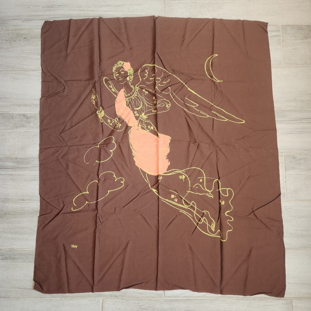 Vintage 50s Eisenberg Original Silk Scarf Brown Angel Woman Art Deco MCM Rare